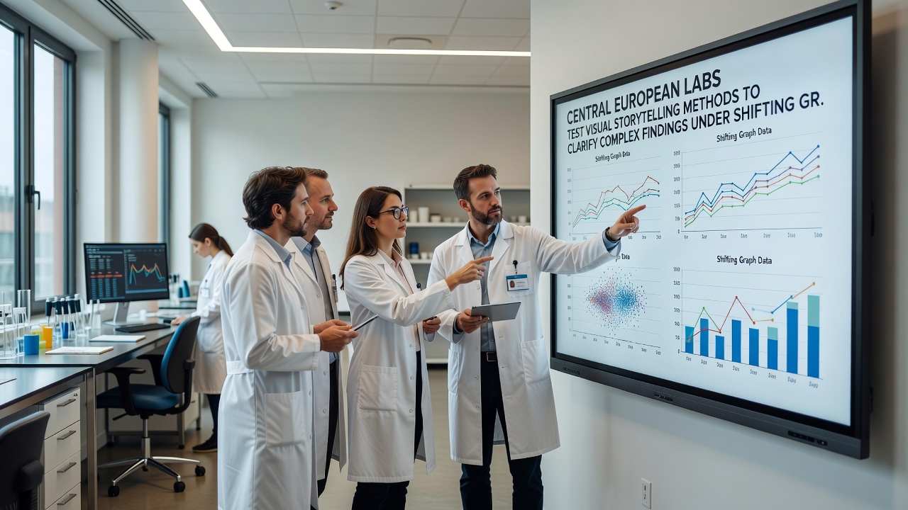 Interactive visual dashboard displaying complex research findings in a laboratory setting